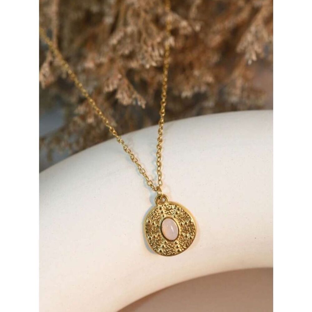 18 k gold plated Gold Textured Disc Necklace with Pink Stone Pendant R 516